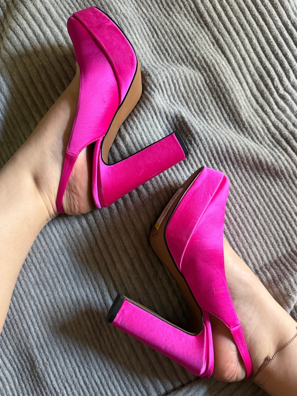 Linea Paolo Pink Satin Platform Slingback Heels